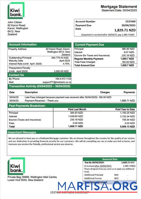 Printable New Zealand Kiwibank mortgage statement Word and PDF template